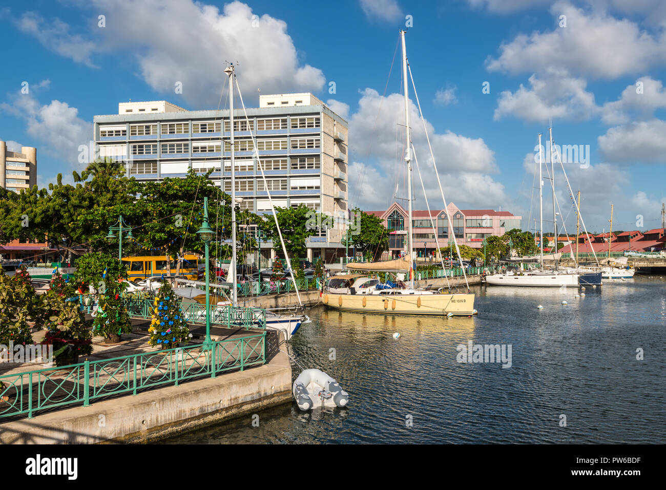 Bridgetown, Barbados - December 18, 2016: Sailing yachts moored in the downtown marina of Bridgetown, Barbados, West Indies, Caribbean, Lesser Antille Stock Photo