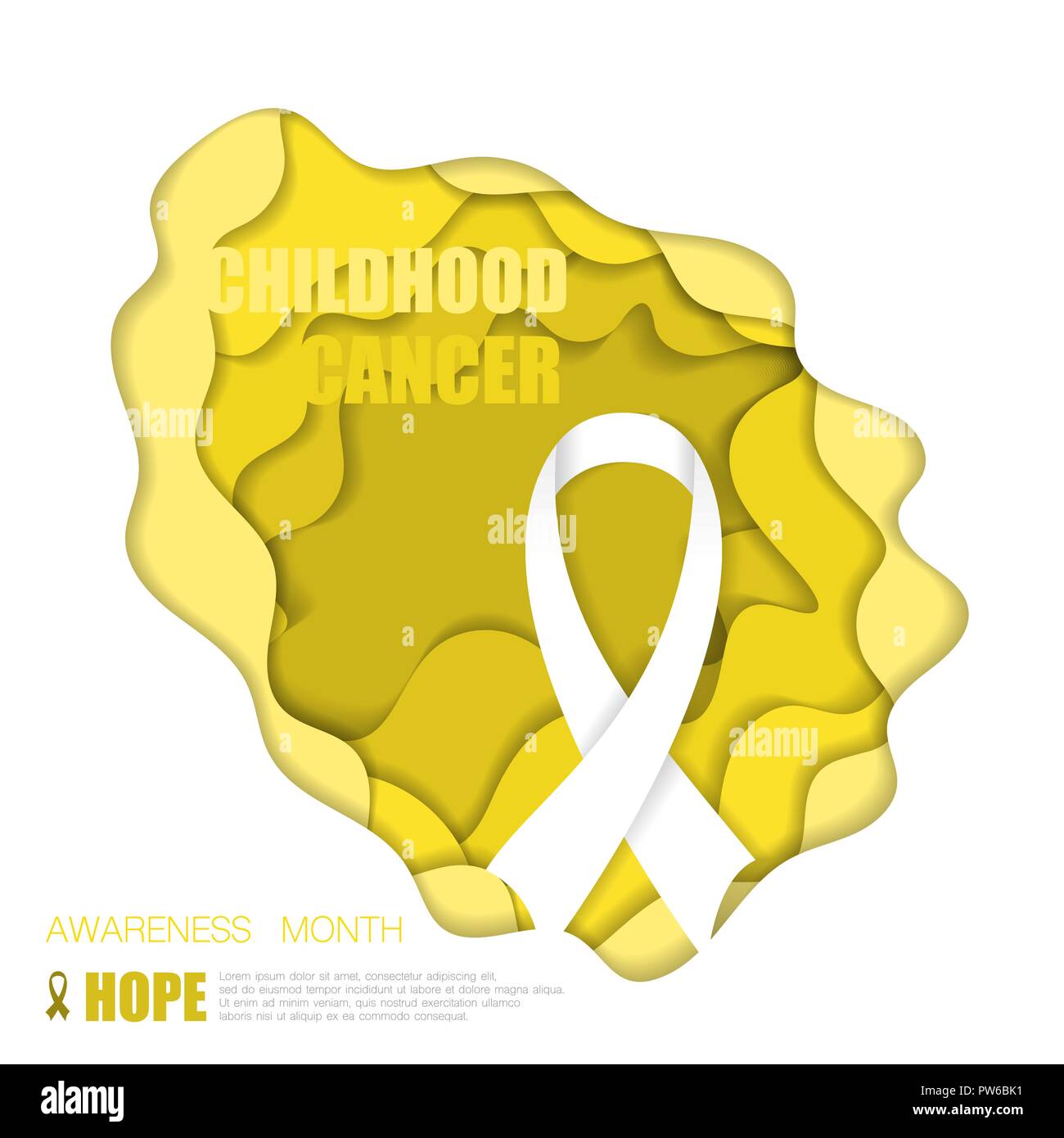 Yellow cut paper background with ribbon and childhood cancer text Stock Vector