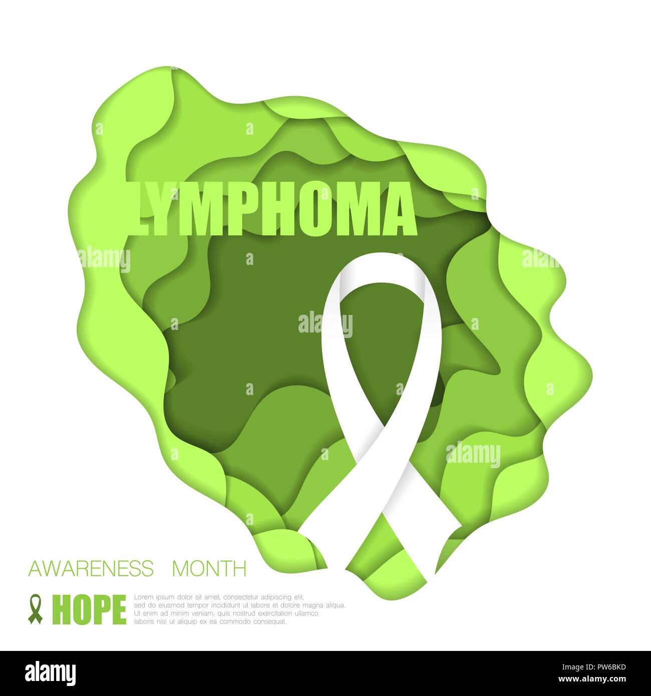 Green cut paper background with ribbon and lymphoma text Stock Vector