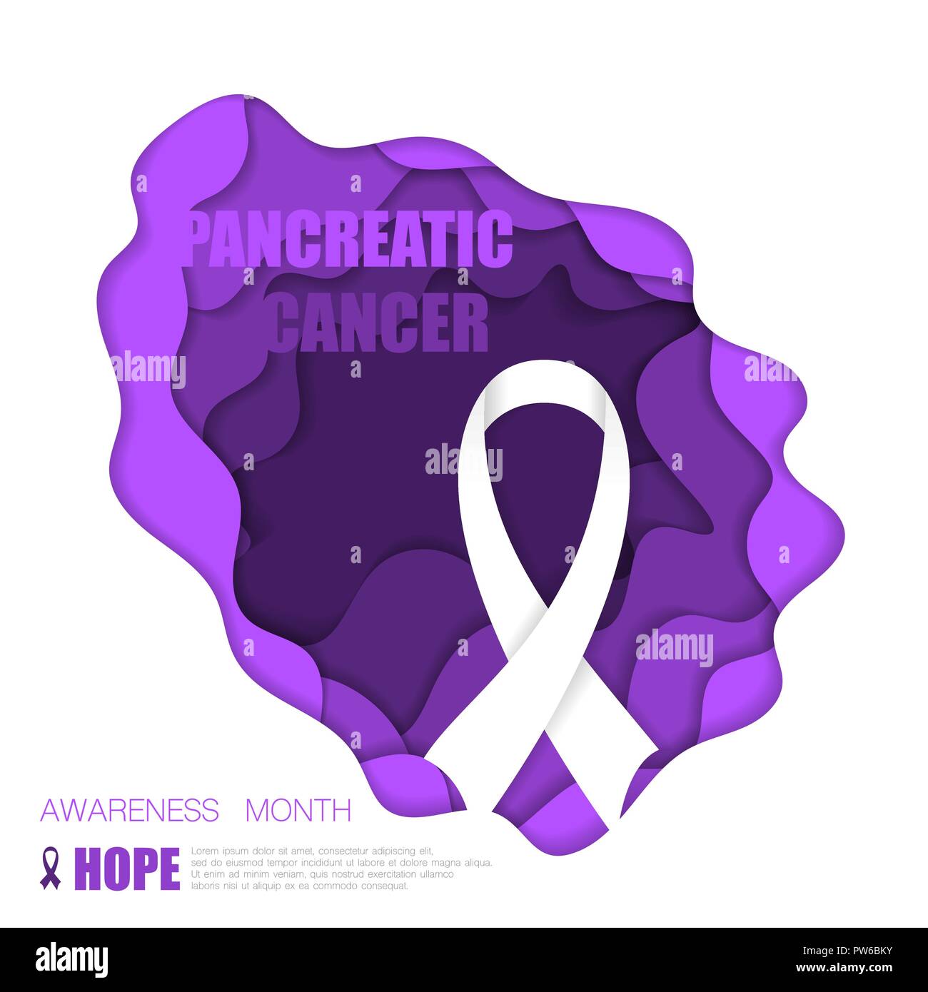 Purple cut paper background with ribbon and pancreatic cancer text Stock Vector