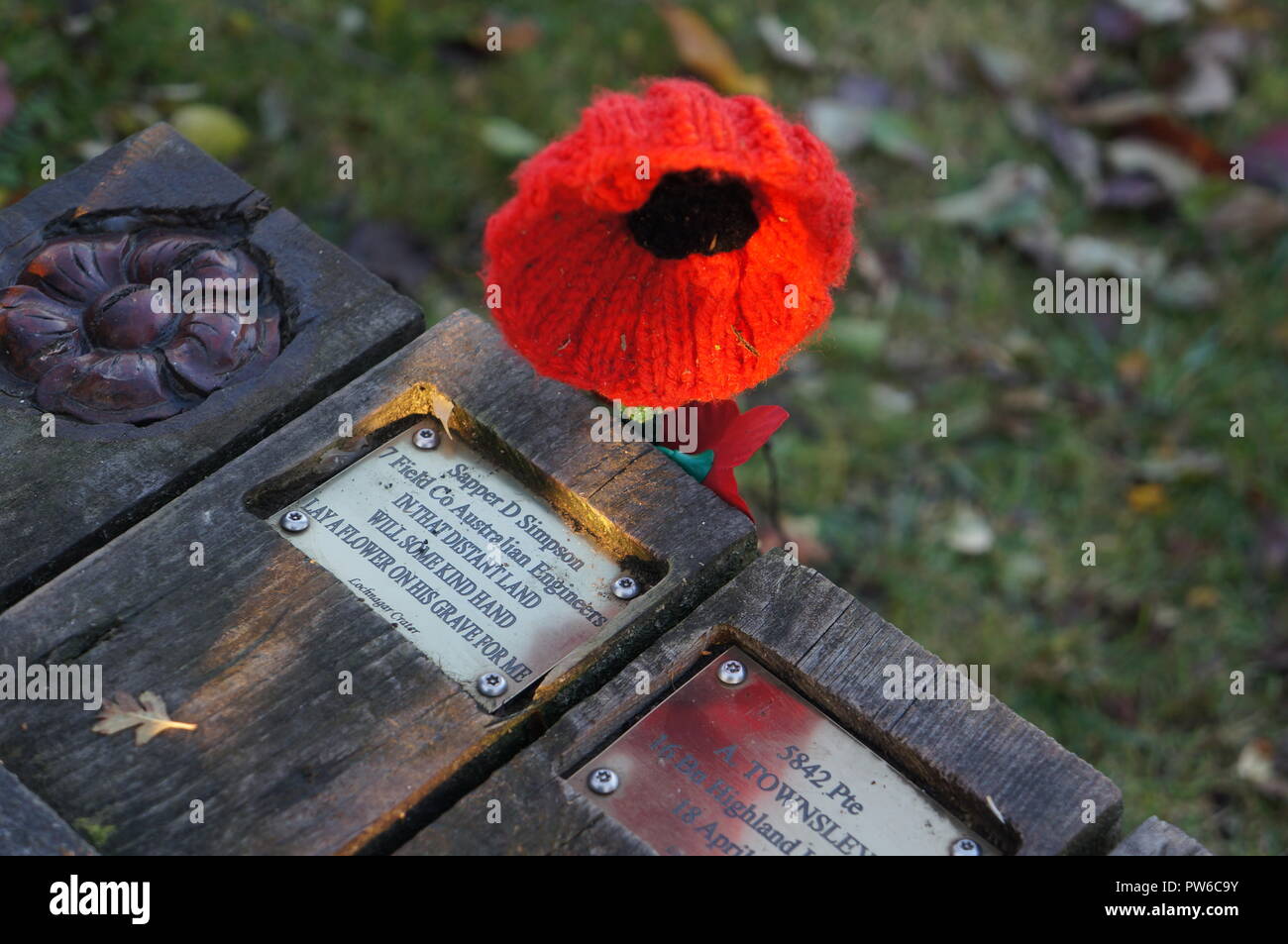 A knitted poppy left for a soldier of the Australian Engineers at the Lochnagar crater memorial, La Boisselle, France Stock Photo