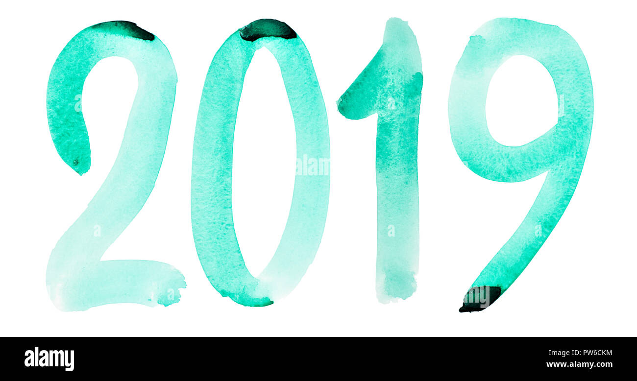 New year 2019 - Hand drawn green watercolor number isolated on the white background Stock Photo
