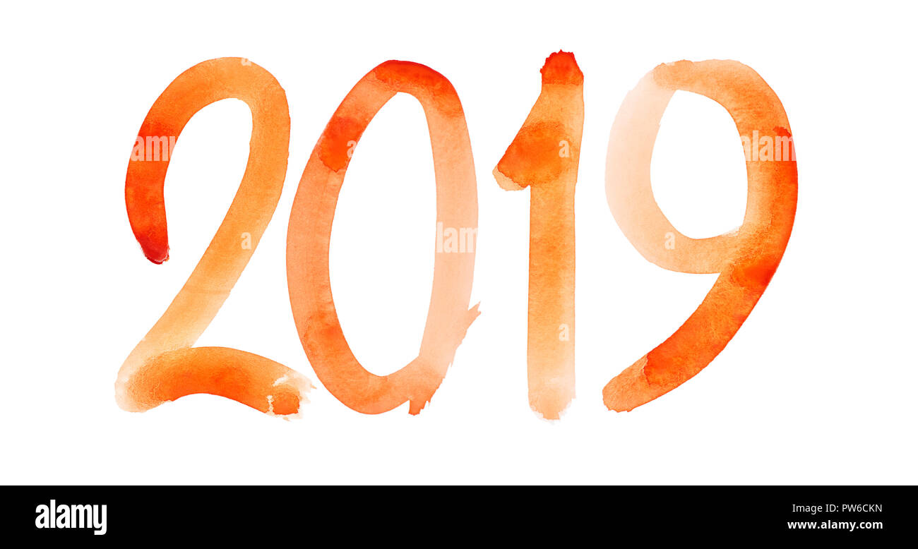 New year 2019 - Orange hand drawn watercolor number isolated on the white background Stock Photo