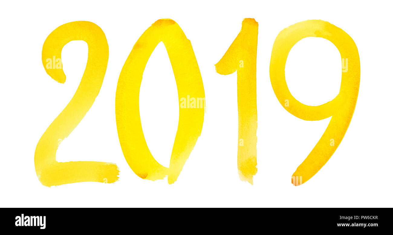 New year 2019 - Hand drawn yellow watercolor number isolated on the white background Stock Photo