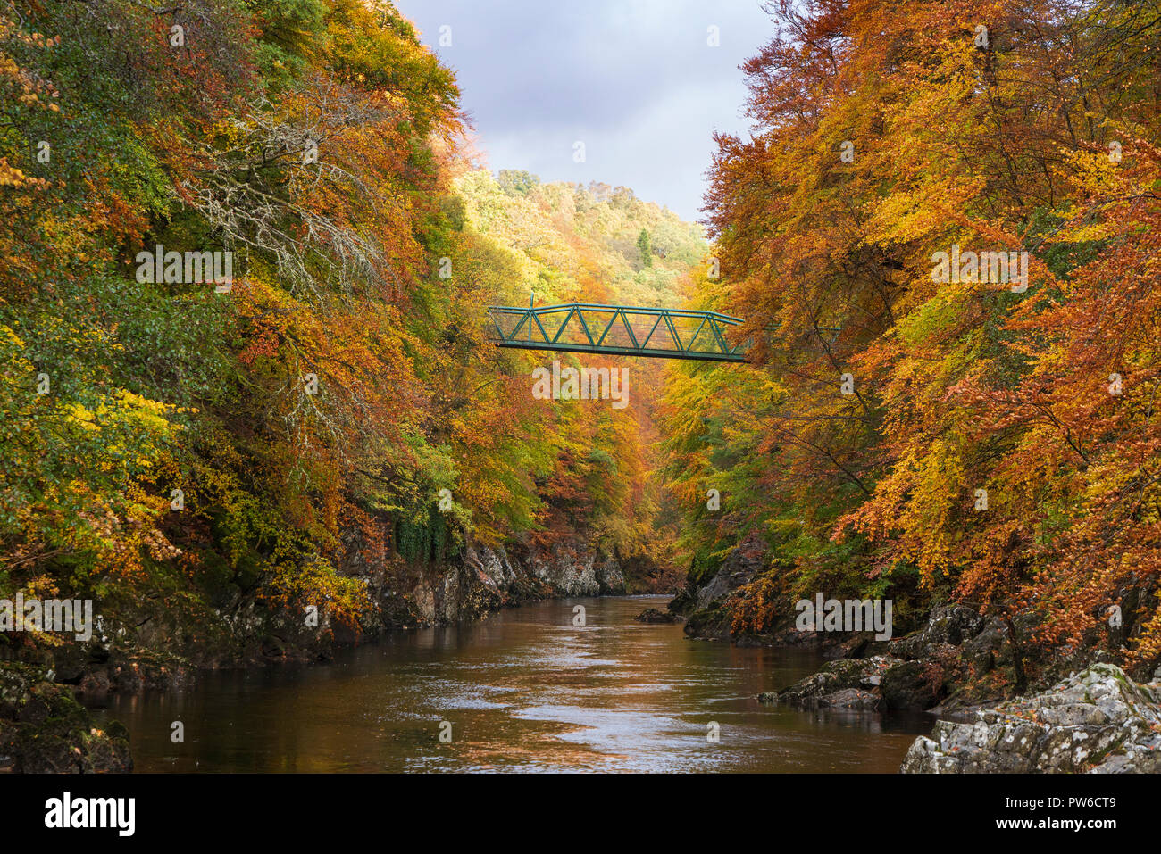 Spectacular autumn colours surround a small footbridge crossing the River Garry at Killiecrankie, the famous Perthshire beauty spot. Stock Photo