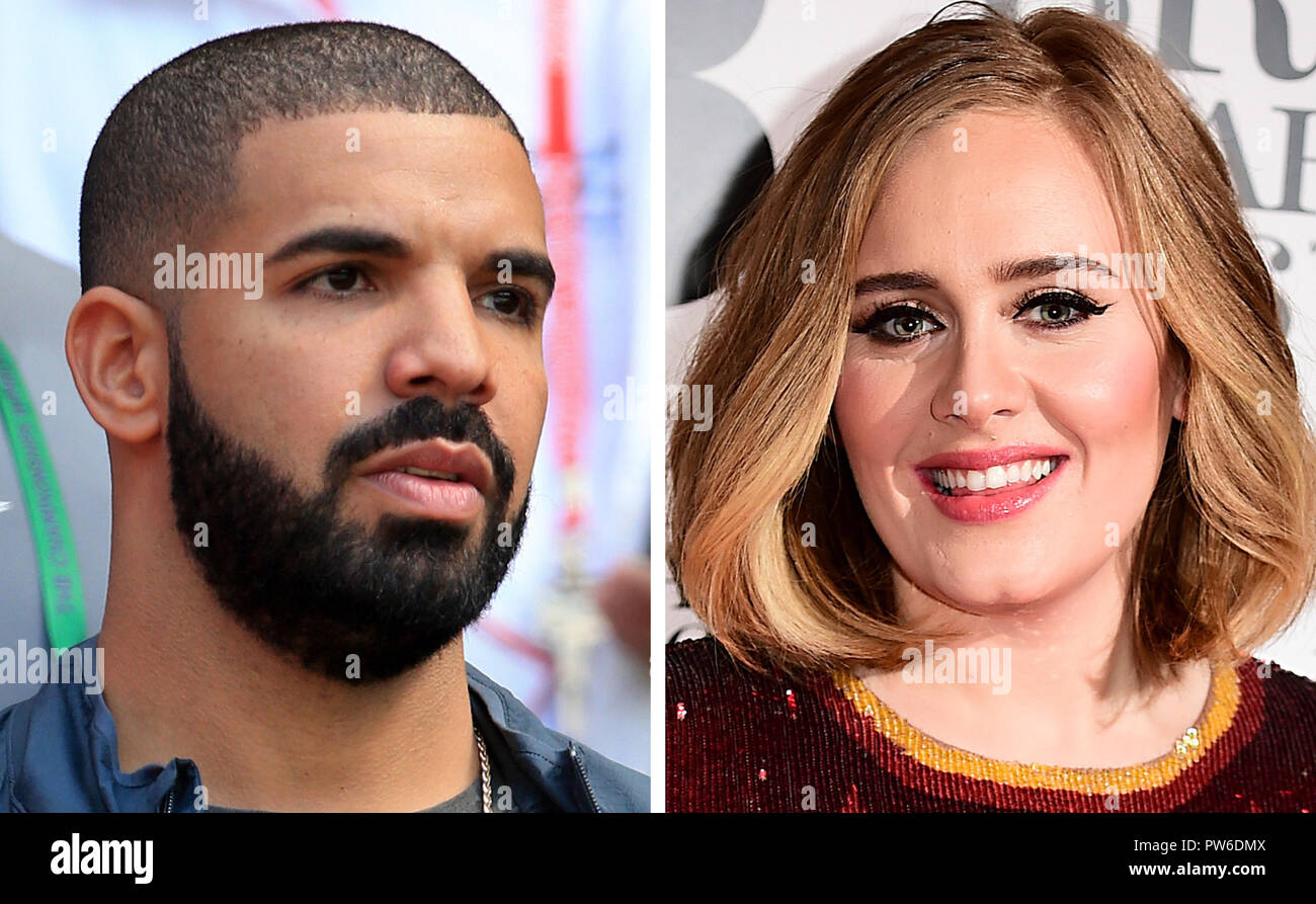 Undated file photos of Drake and Adele. The British singer-songwriter had attended the Canadian rapper's show in Los Angeles, without him knowing, and she tweeted her praise afterwards. Stock Photo