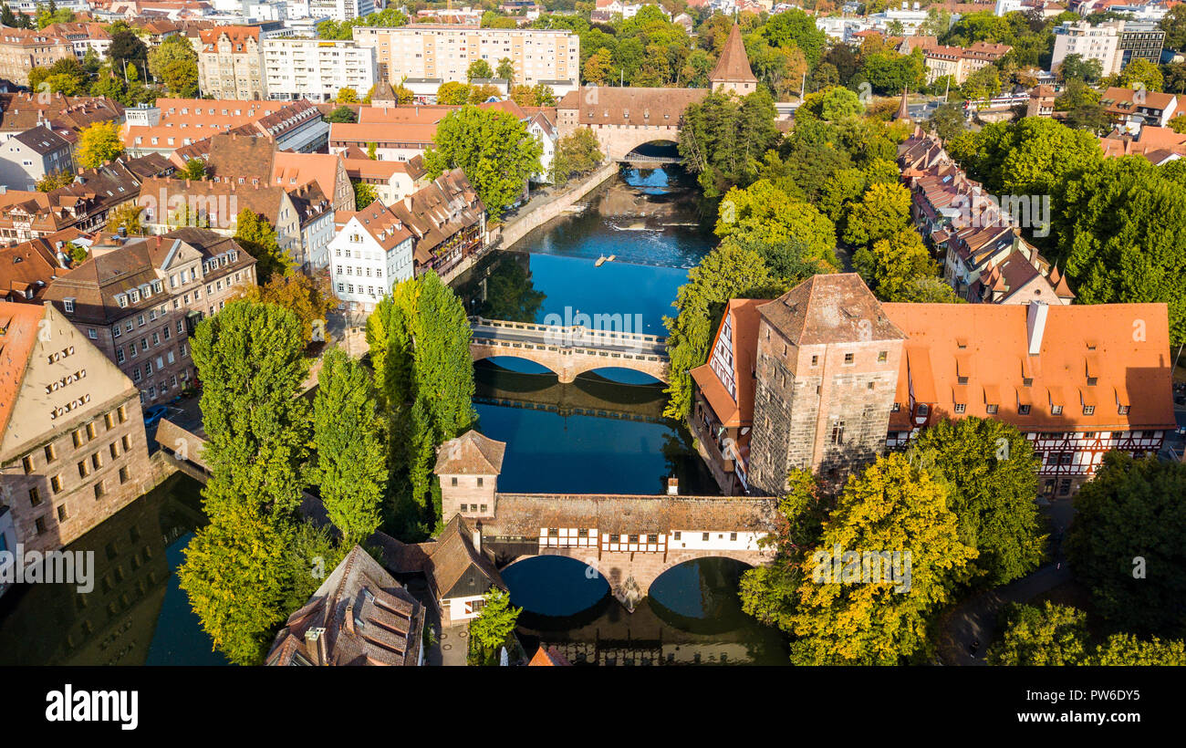 Aerial view of bridges over Pegnitz River in the Altstadt or old town, Nuremberg, Germany Stock Photo