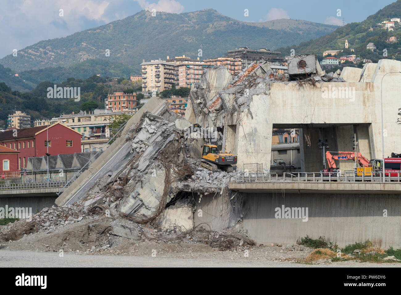 The remains after a section collapse of the Morandi Bridge, Genoa, Italy Stock Photo