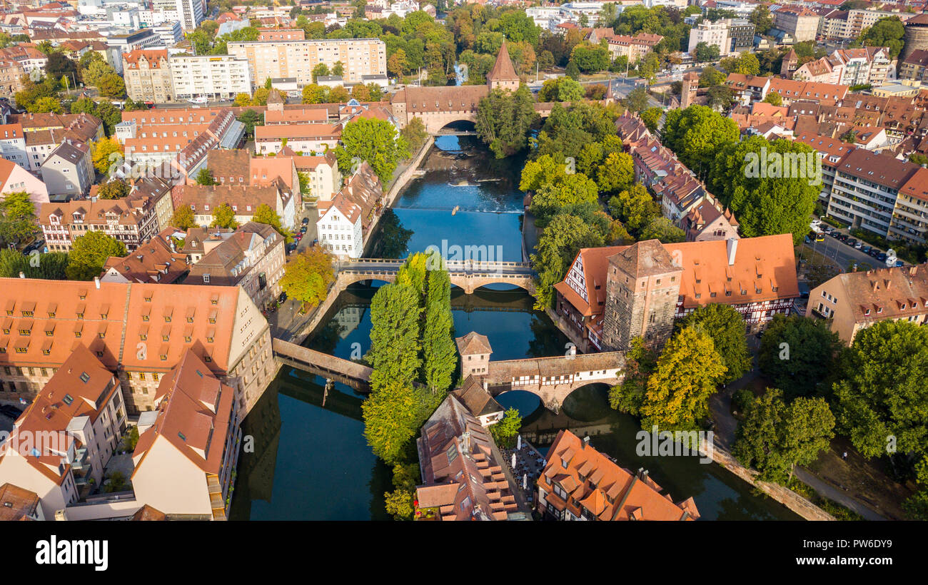 Aerial view of bridges over Pegnitz River in the Altstadt or old town, Nuremberg, Germany Stock Photo