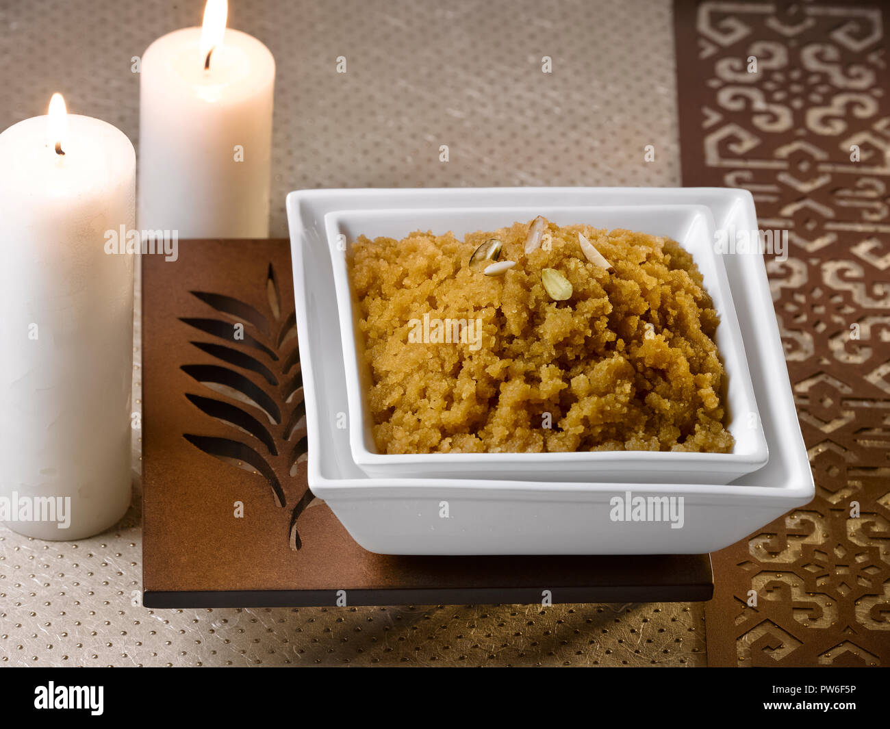 Mung Dal Sheera, AN INDIAN DESSERT MADE FROM WHEAT AND JAGGERY Stock