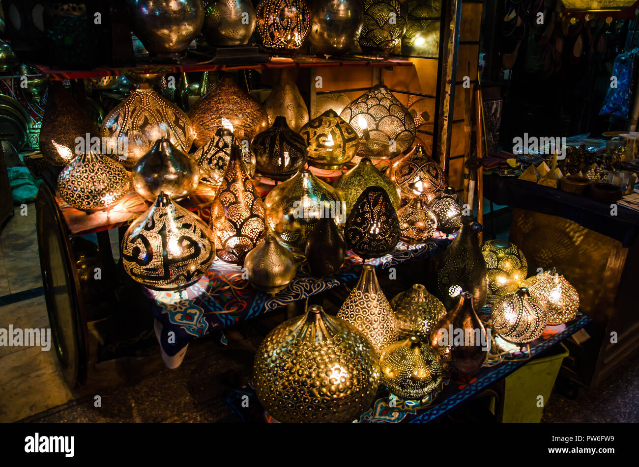 Cairo, Egypt - April 2018. Typical hand made Craftwork store in Cairo souk. Stock Photo