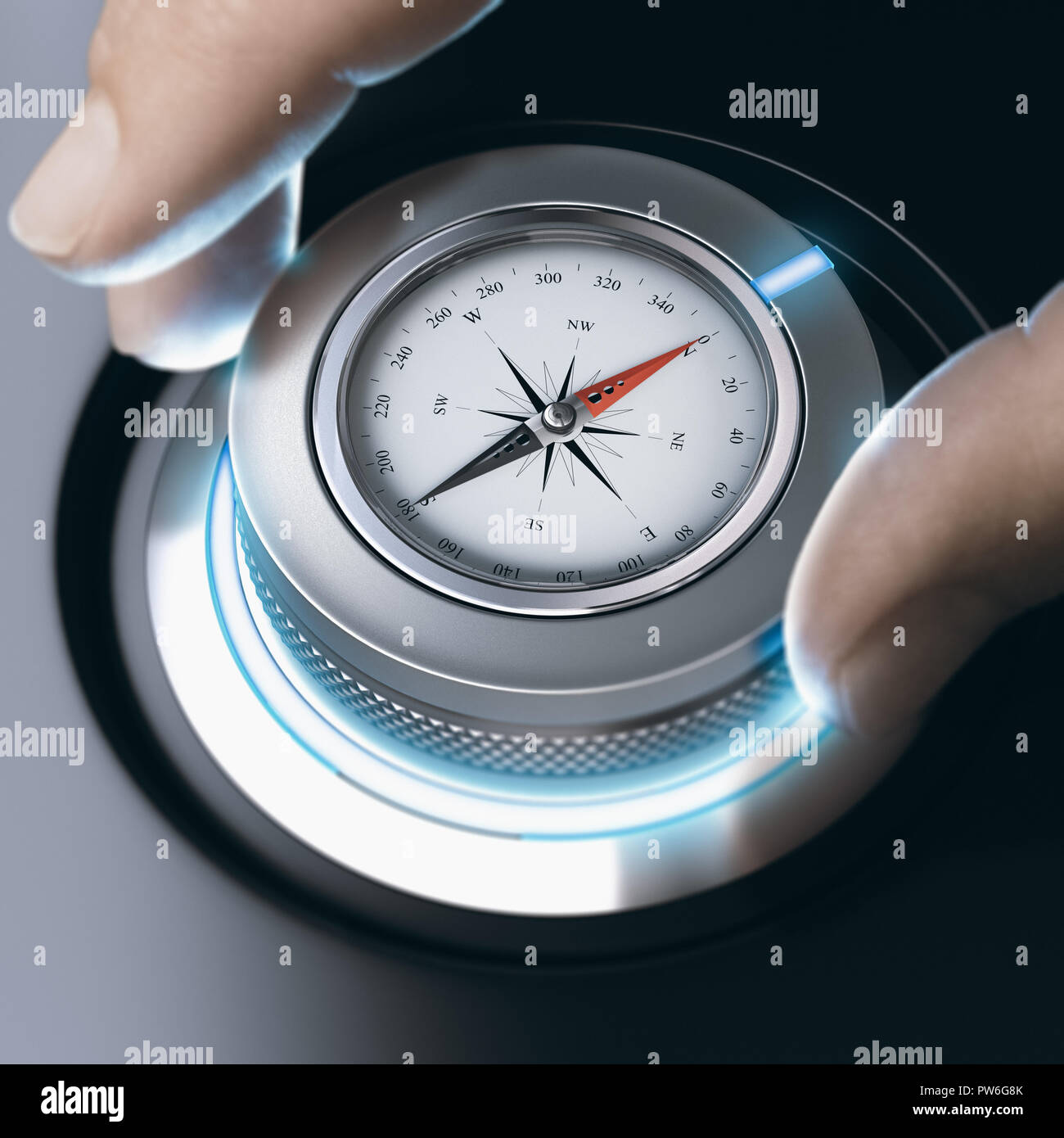 Close up of a man using modern compass for orientation purpose. Composite image between a hand photography and a 3D background. Stock Photo