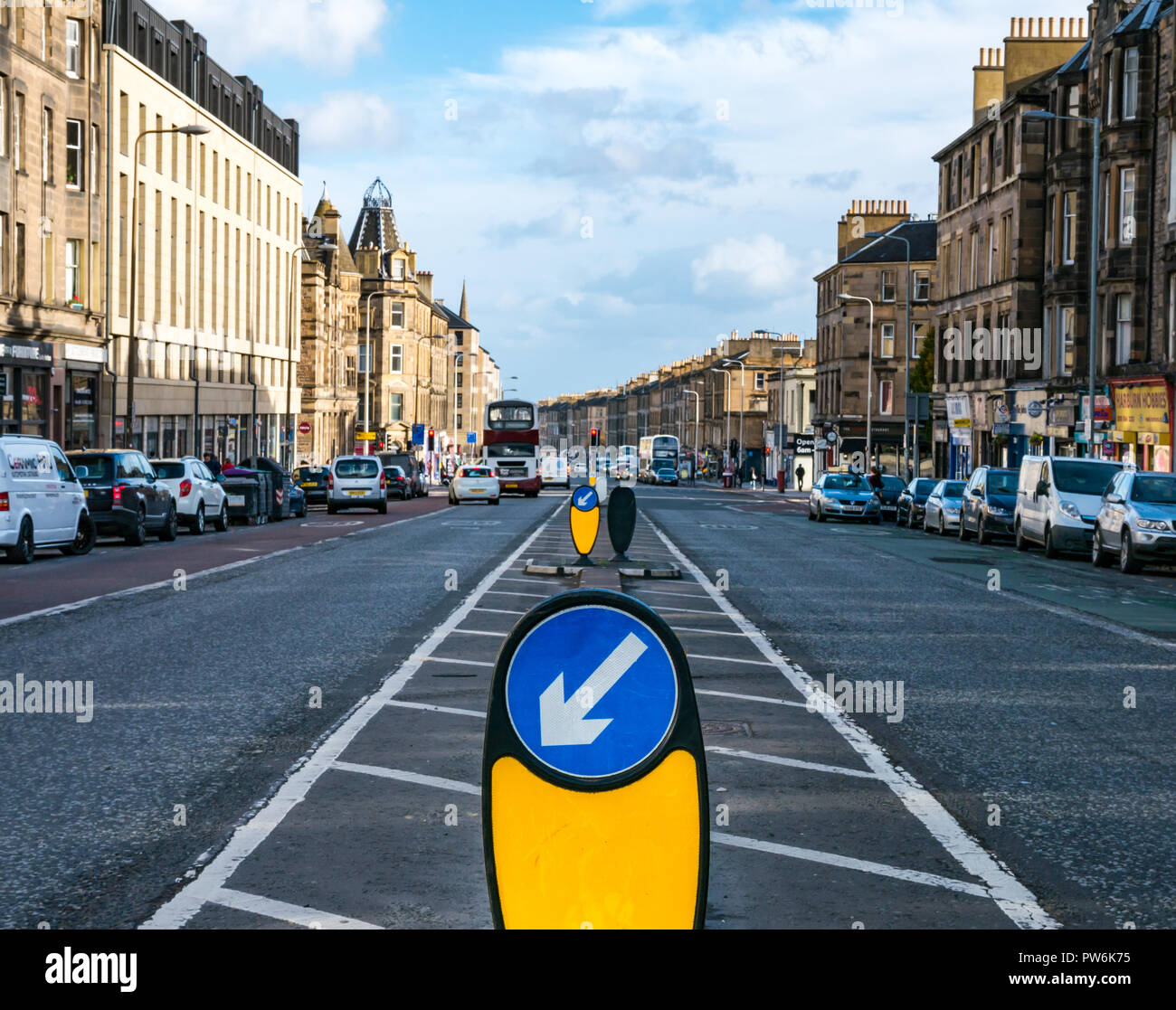 View down Leith Walk, with traffic islands, Edinburgh, Scotland, UK Stock Photo