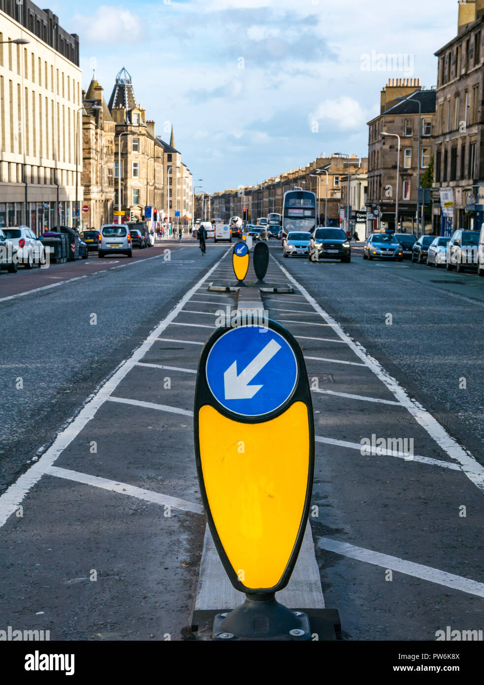 View down Leith Walk, with traffic islands, Edinburgh, Scotland, UK Stock Photo