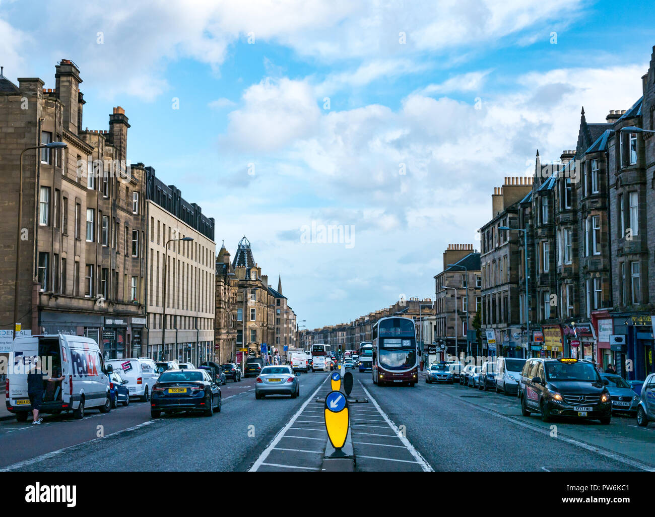 View down Leith Walk, with traffic islands, Edinburgh, Scotland, UK Stock Photo