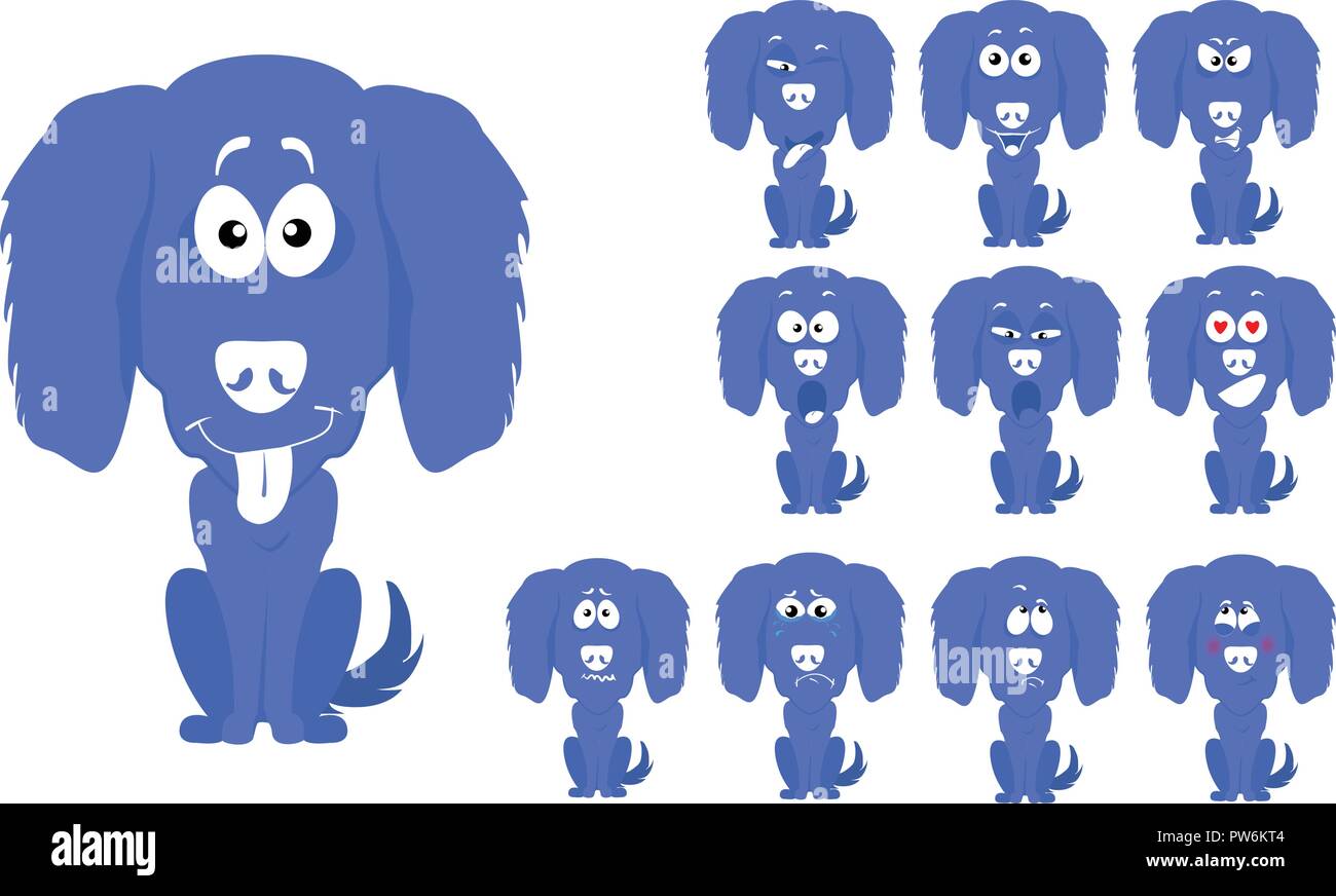 Vector illustration set of cute and funny cartoon little blue dog with facial Expressions Stock Vector