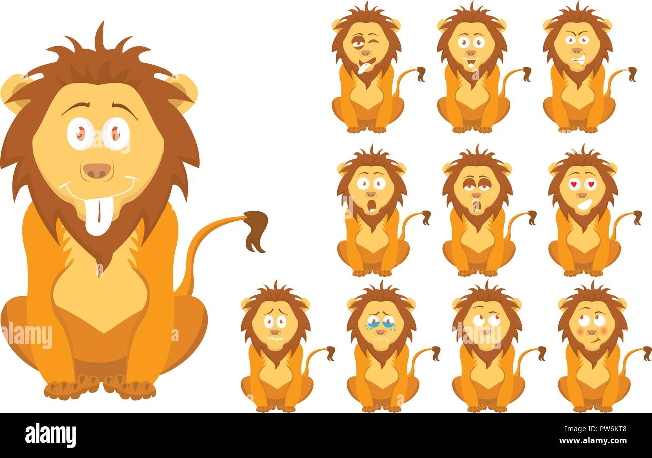 Vector illustration set of cute and funny cartoon little brown wild lion with facial Expressions Stock Vector