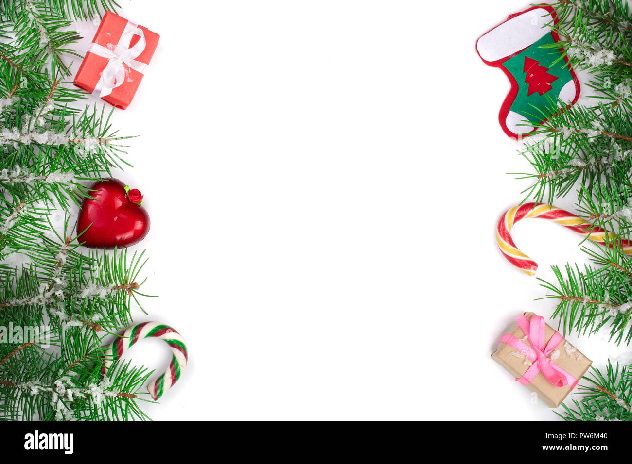Christmas Frame of Fir tree branch with snow isolated on white ...