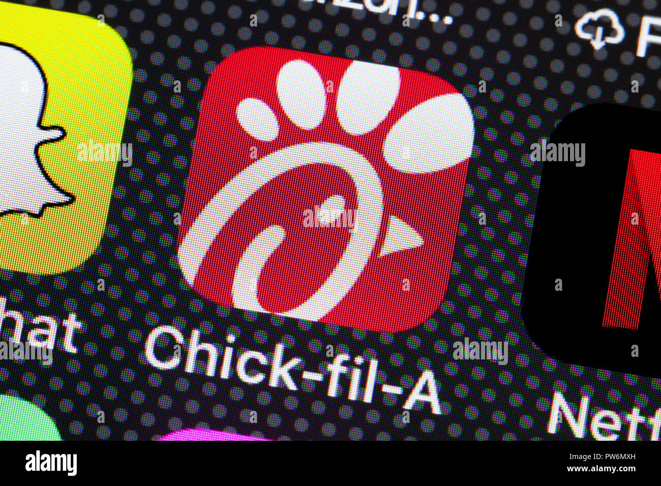 Chick-fil-A app icon on iPhone (close up, macro) - USA Stock Photo