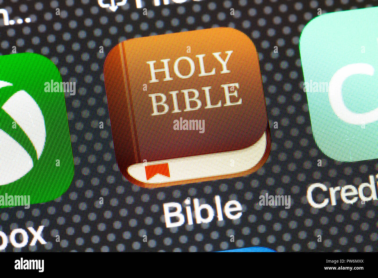 Holy Bible app icon on iPhone (close up, macro) - USA Stock Photo