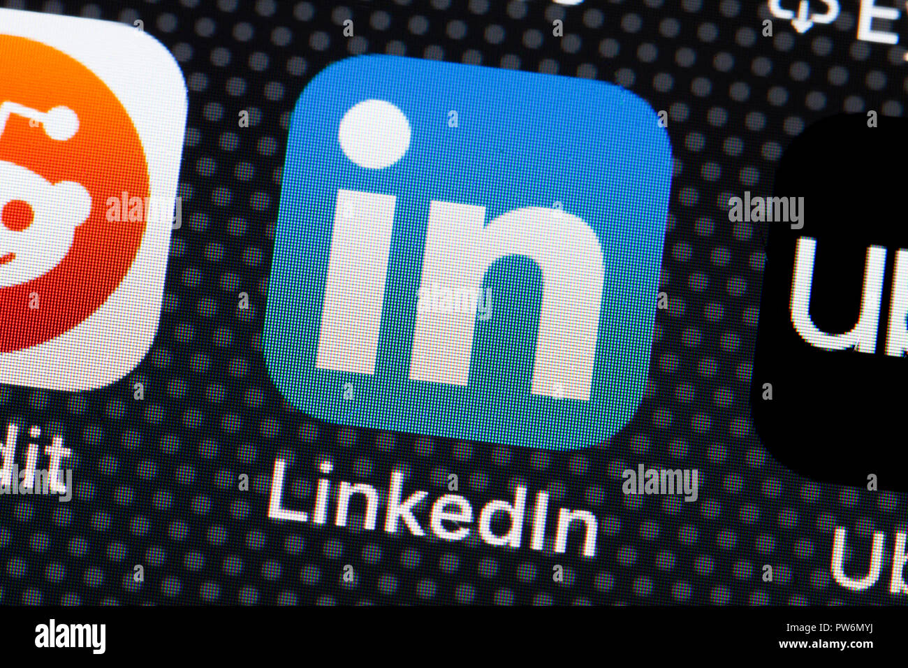 LinkedIn (Linked In) app icon on iPhone (close up, macro) - USA Stock Photo