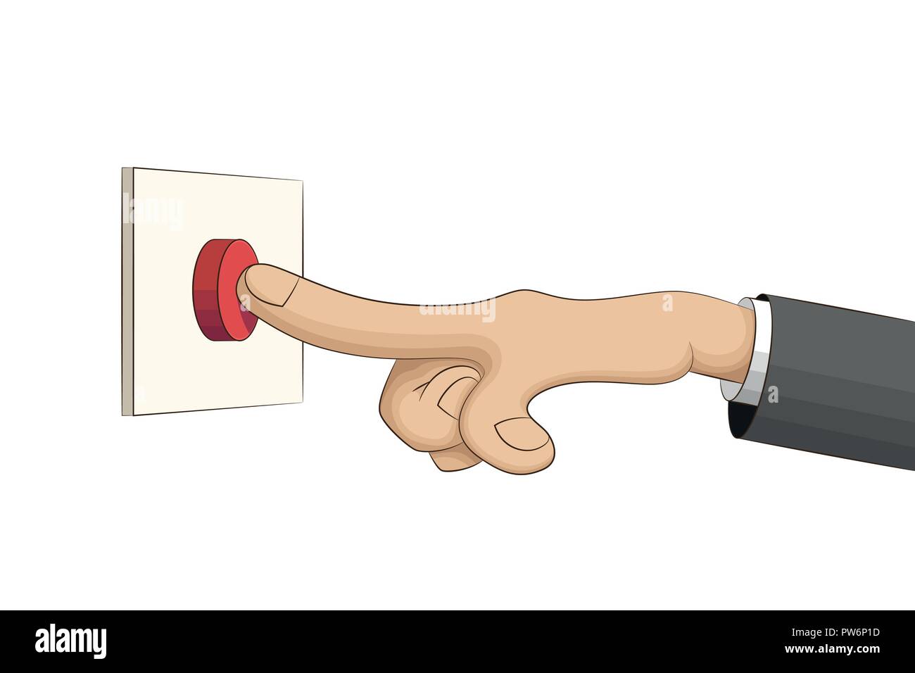 Hand presses a red button, vector illustration on white background Stock Vector