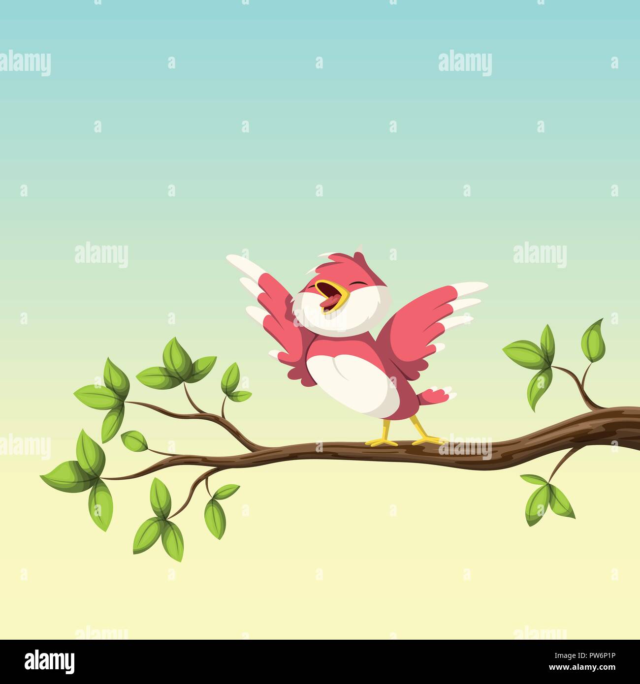 Red singing bird on a branch, vector illustration Stock Vector