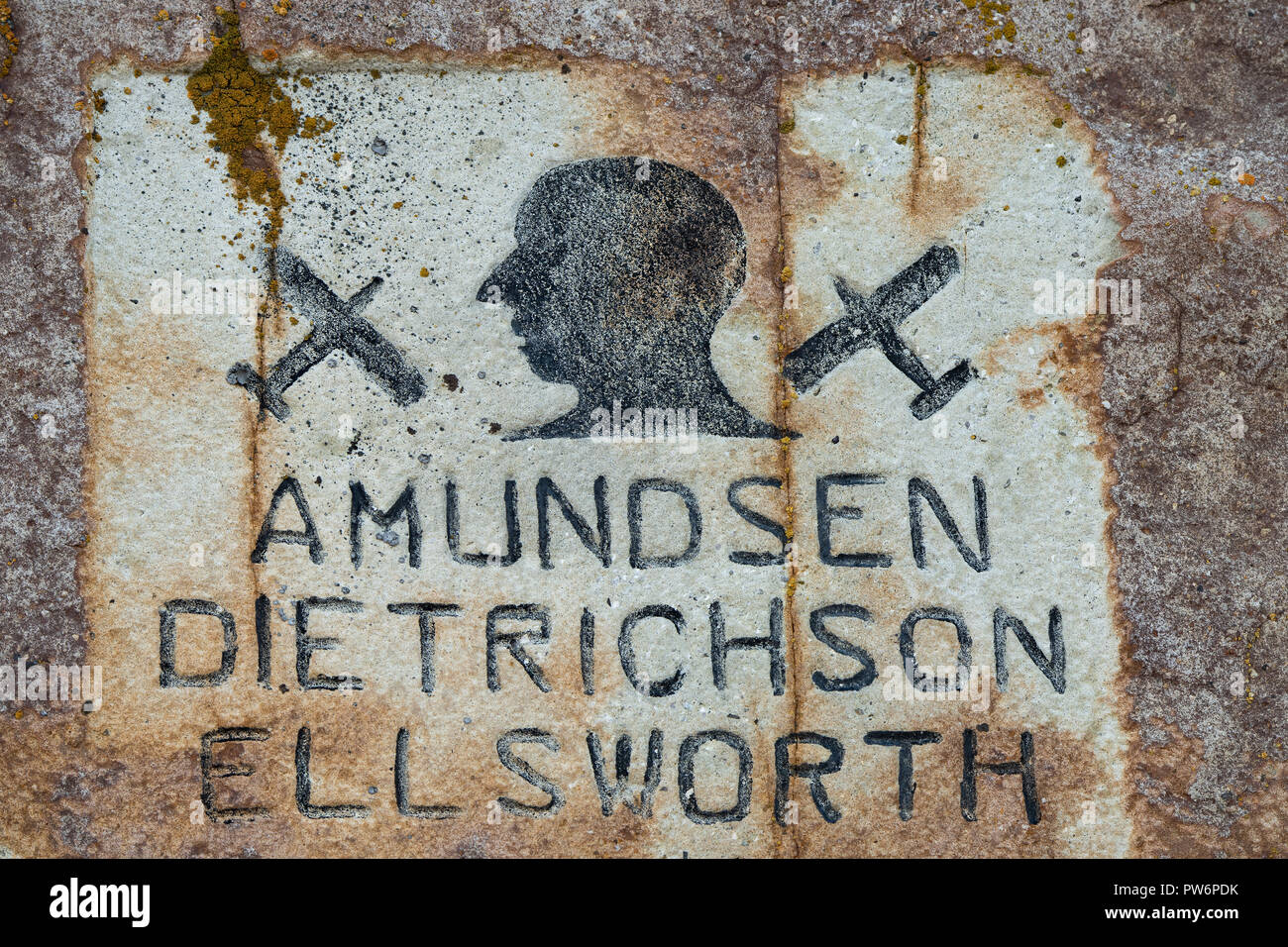 Memorial stone for Amundsen-Ellsworth North Pole Airplane Expedition, Ny-Ålesund, Spitsbergen Island, Spitsbergen Archipelago Stock Photo