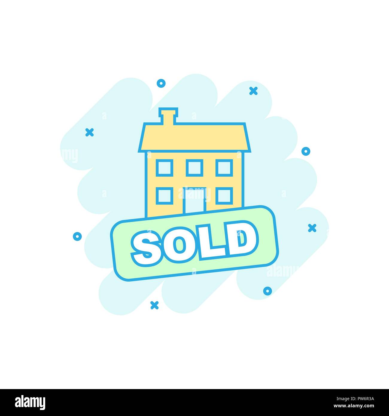 Vector cartoon sold house icon in comic style. Sold sign illustration pictogram. Purchasing business splash effect concept. Stock Vector