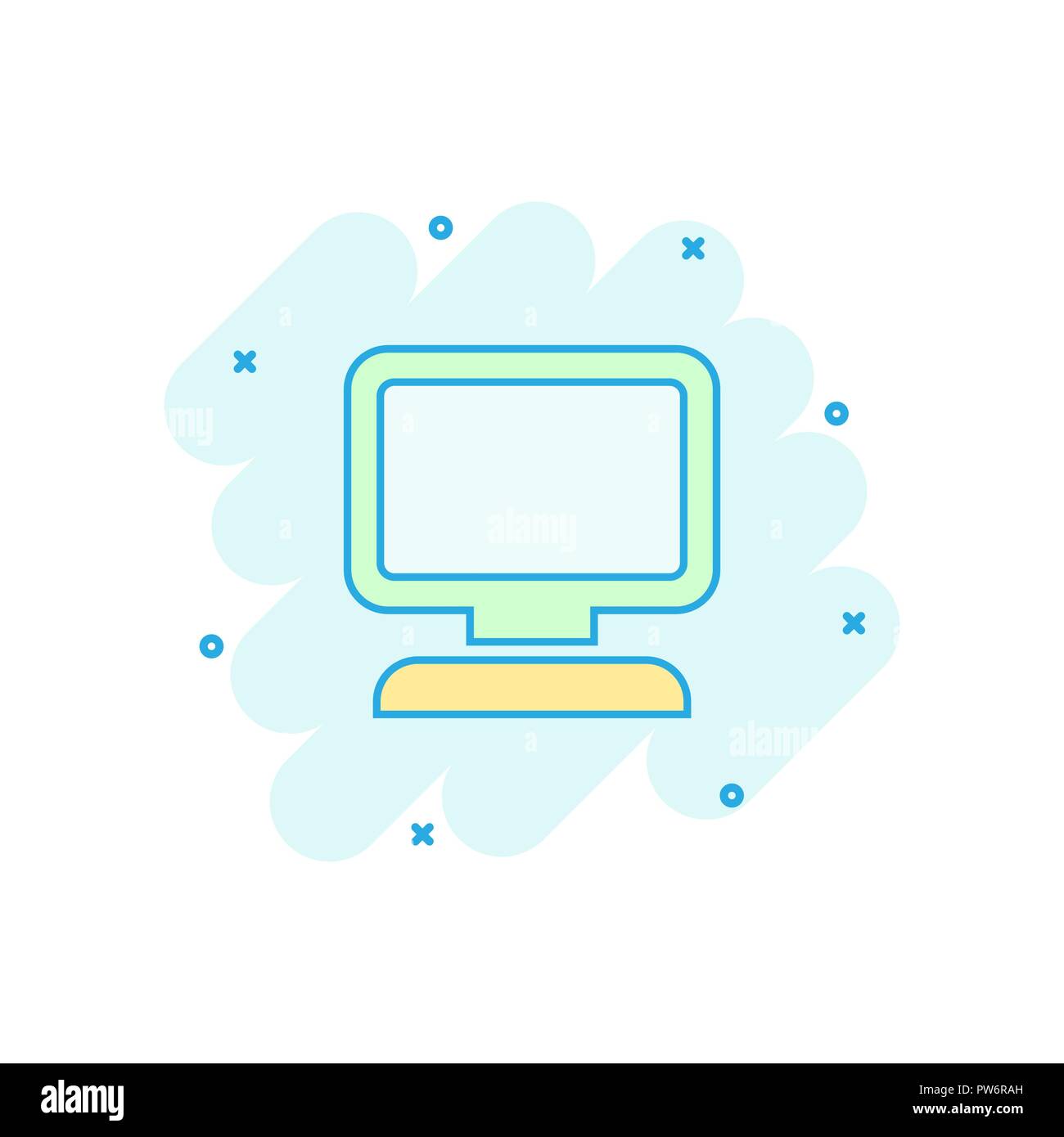 Vector cartoon computer icon in comic style. Monitor sign illustration pictogram. Pc business splash effect concept. Stock Vector