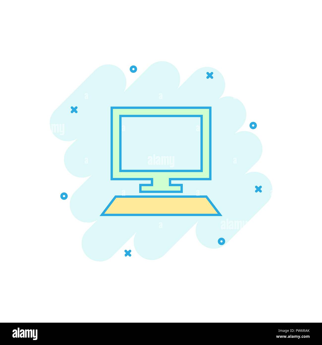 Vector cartoon computer icon in comic style. Monitor sign illustration pictogram. Pc business splash effect concept. Stock Vector