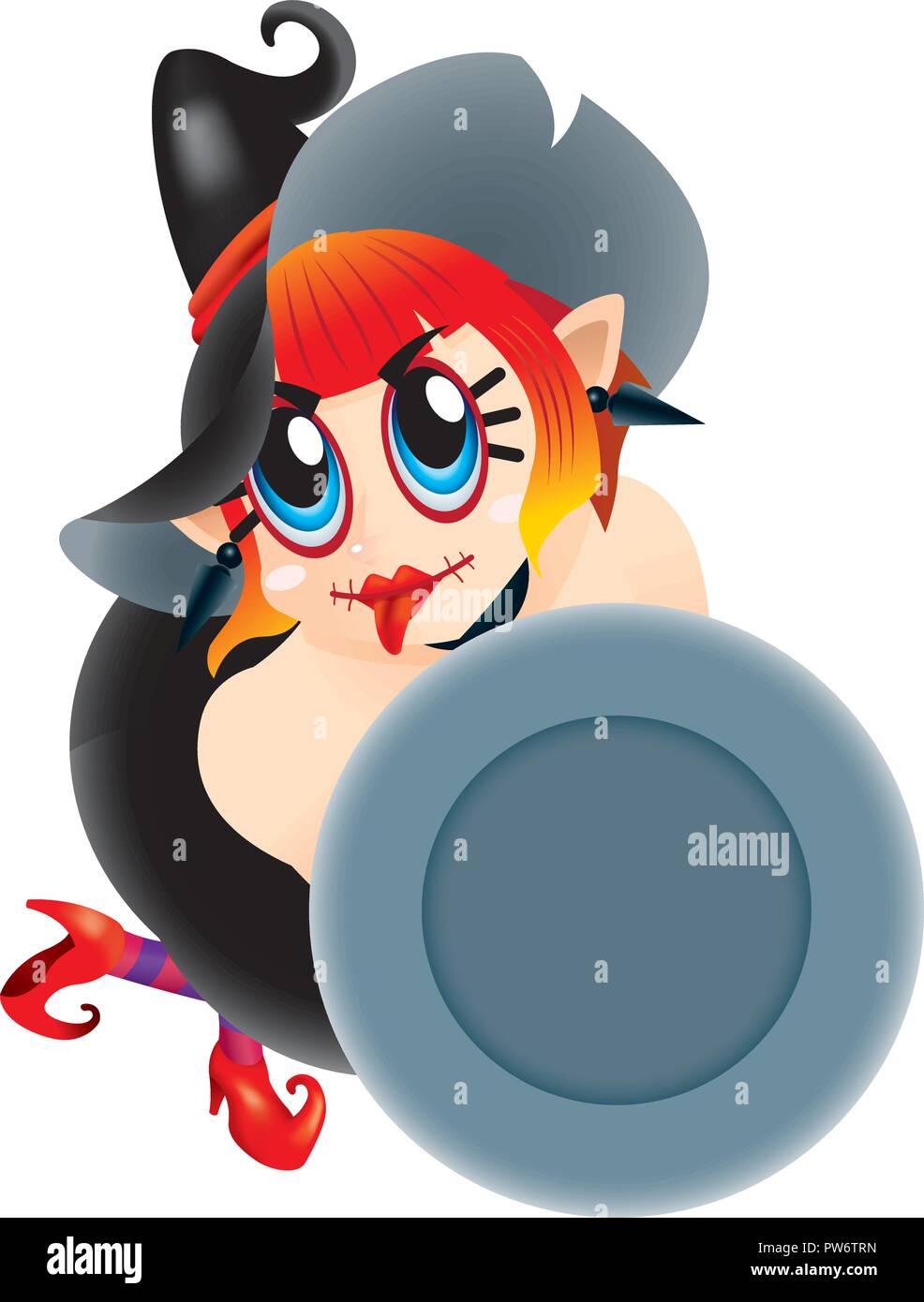 A cute witch holding an empty plate. Isolated. Stock Vector