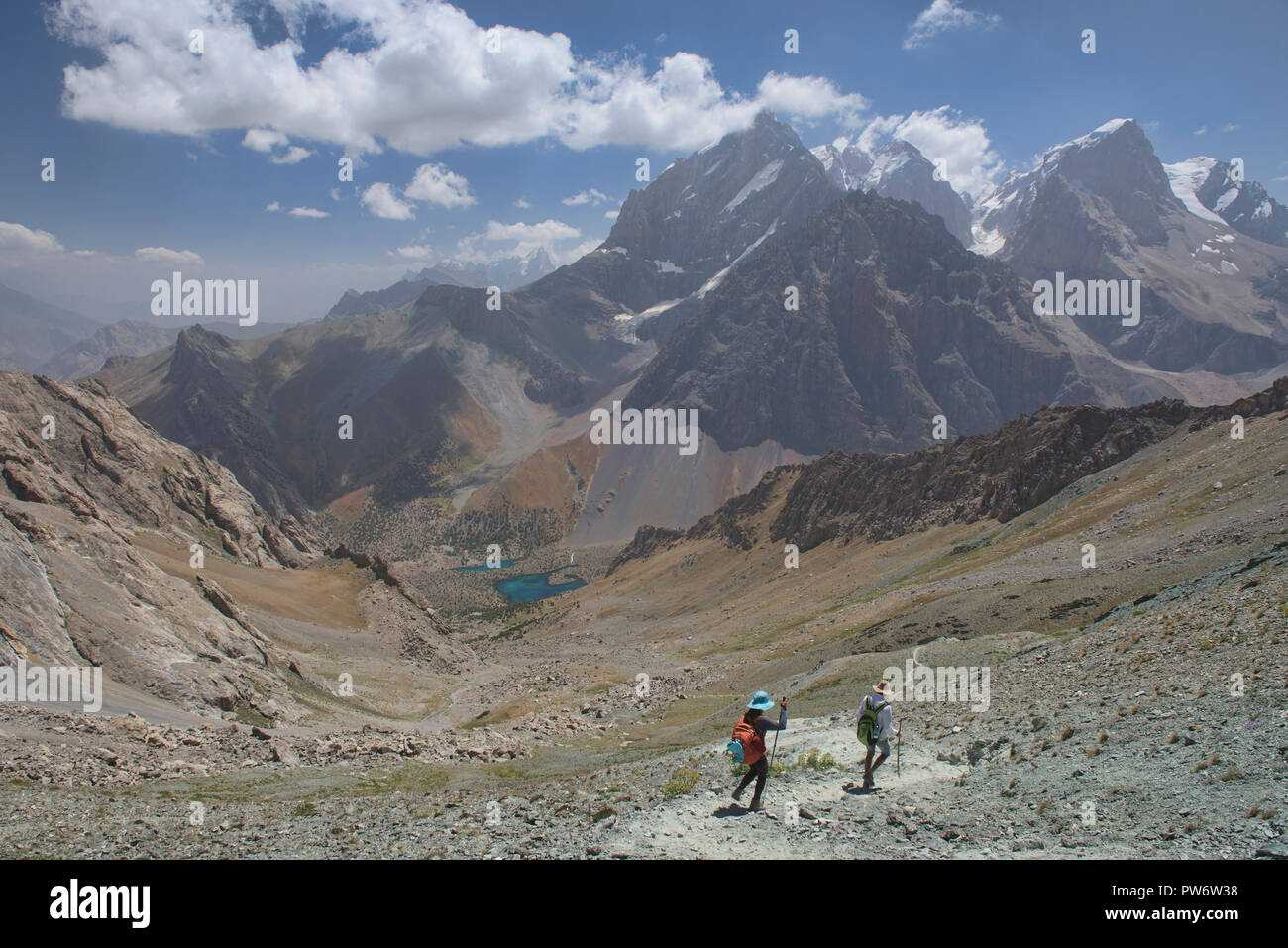 Trekking to the beautiful Alauddin Lakes, Fann Mountains, Tajikistan. Stock Photo