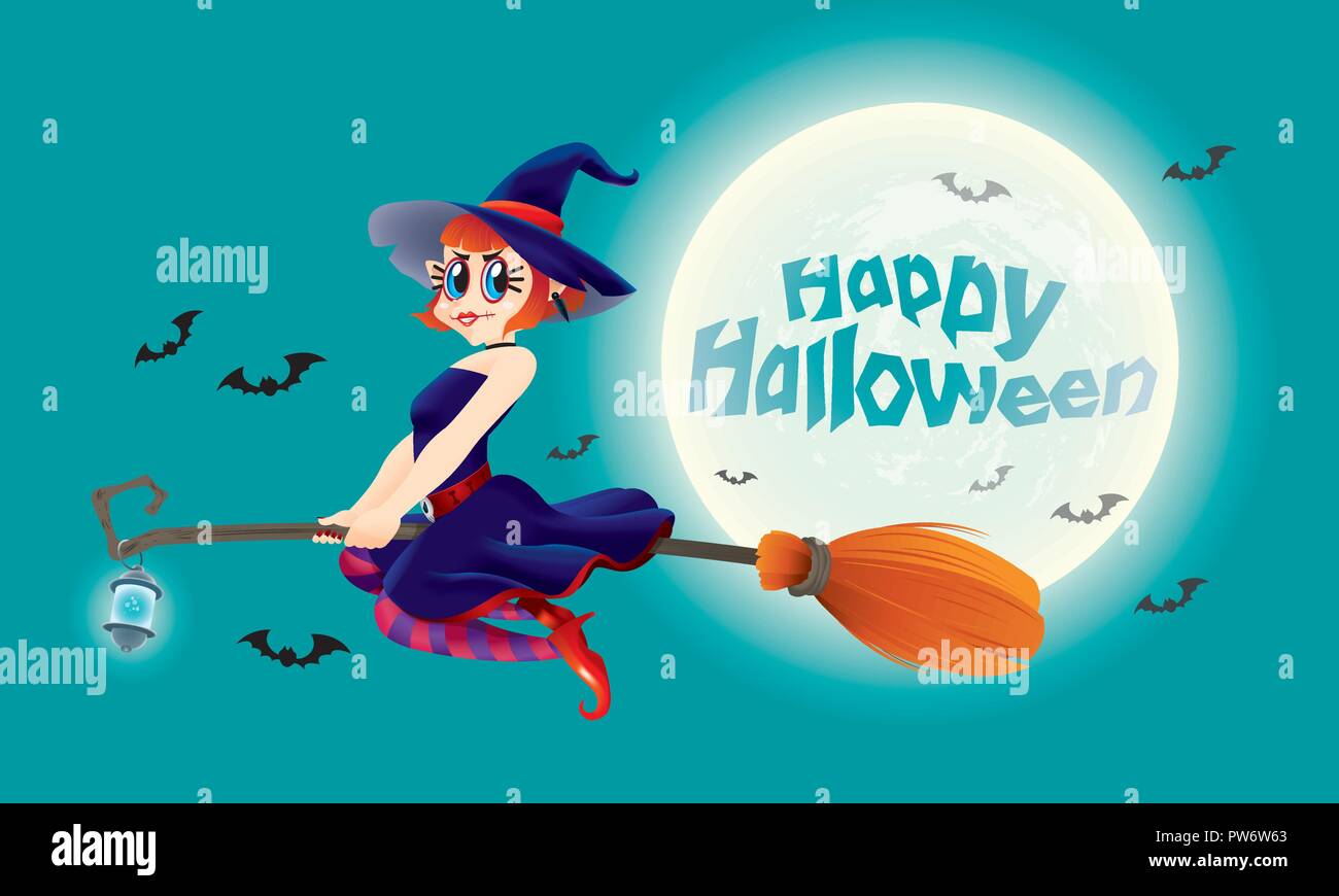 A cute witch flying with her magic broom. With full moon night scene ...