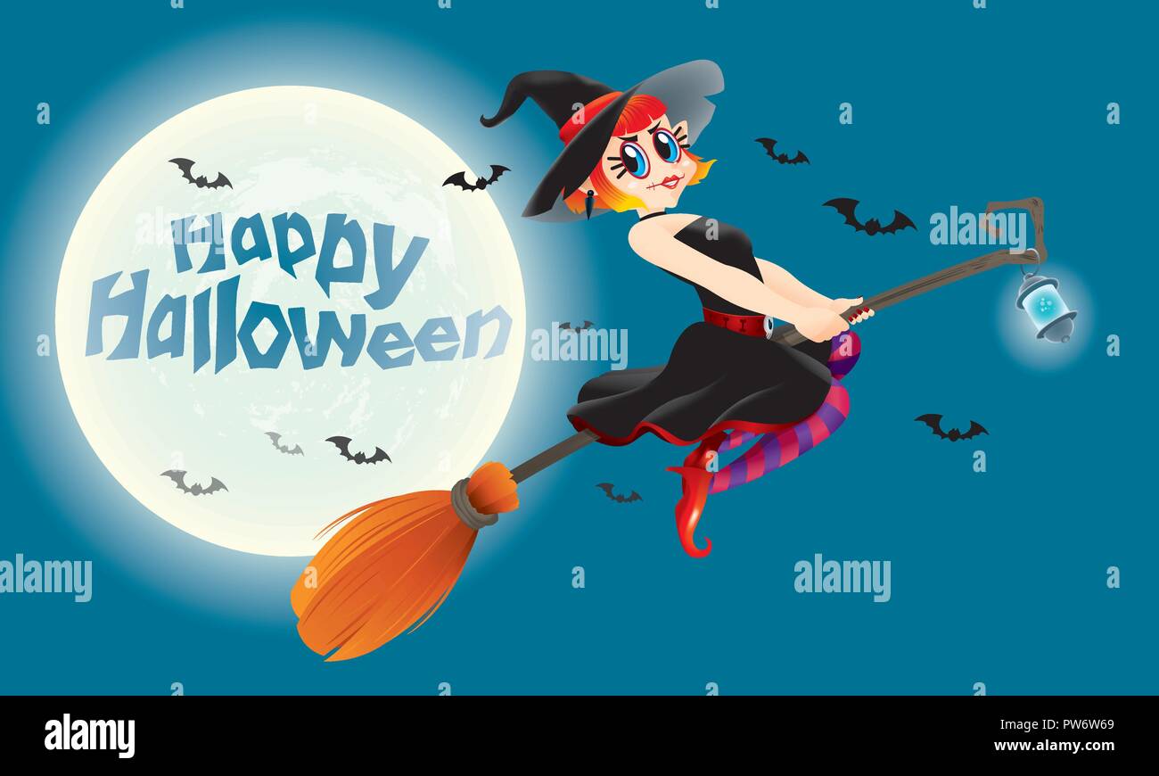 A cute witch flying with her magic broom. With full moon night scene ...