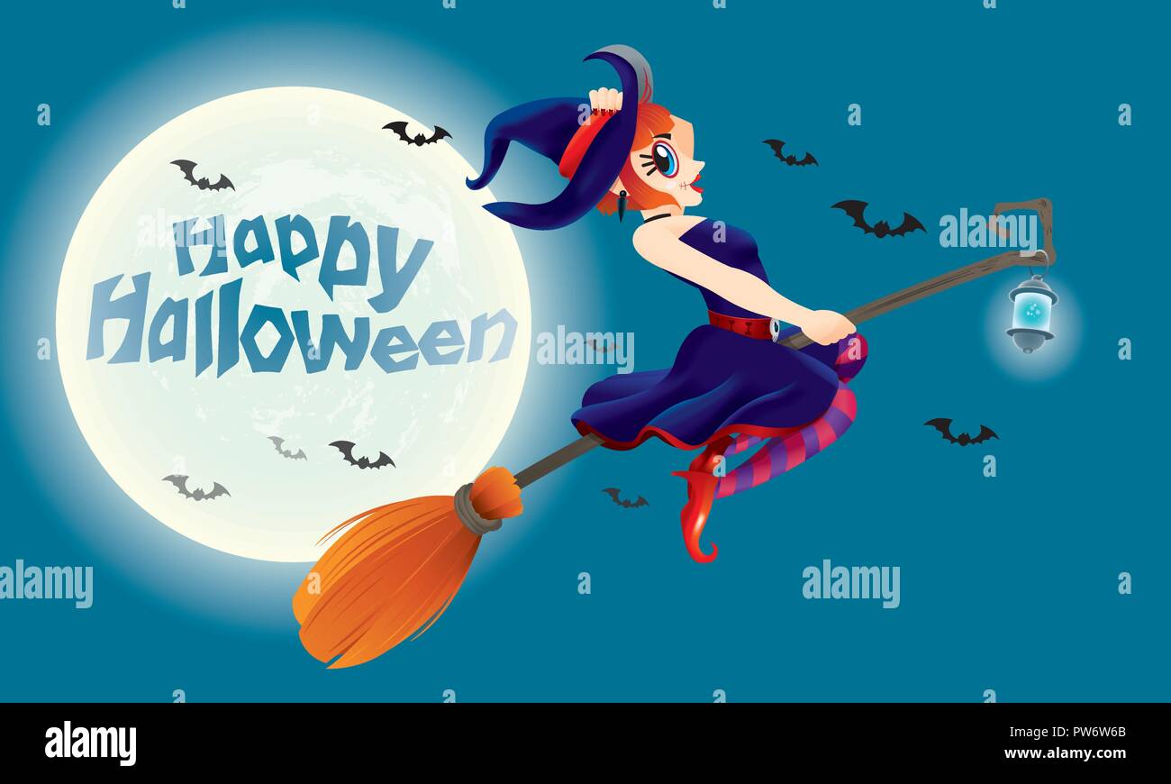 A cute witch flying with her magic broom. With full moon night scene ...