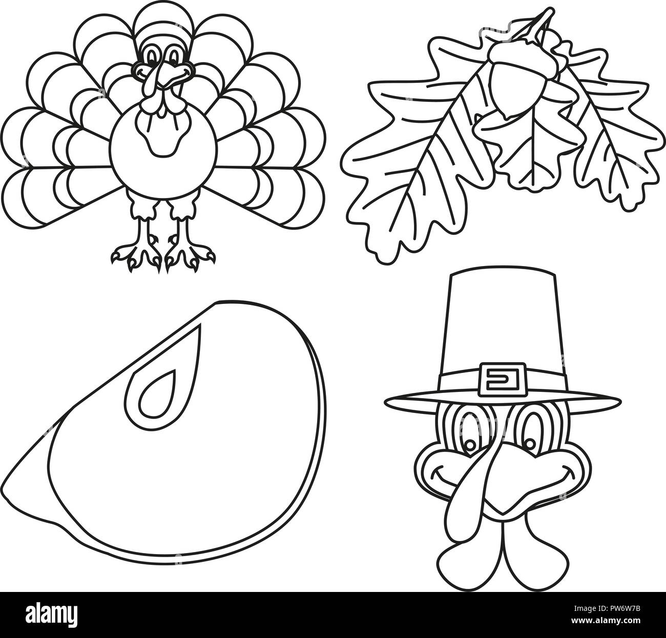 4 line art black and white thanksgiving elements Stock Vector