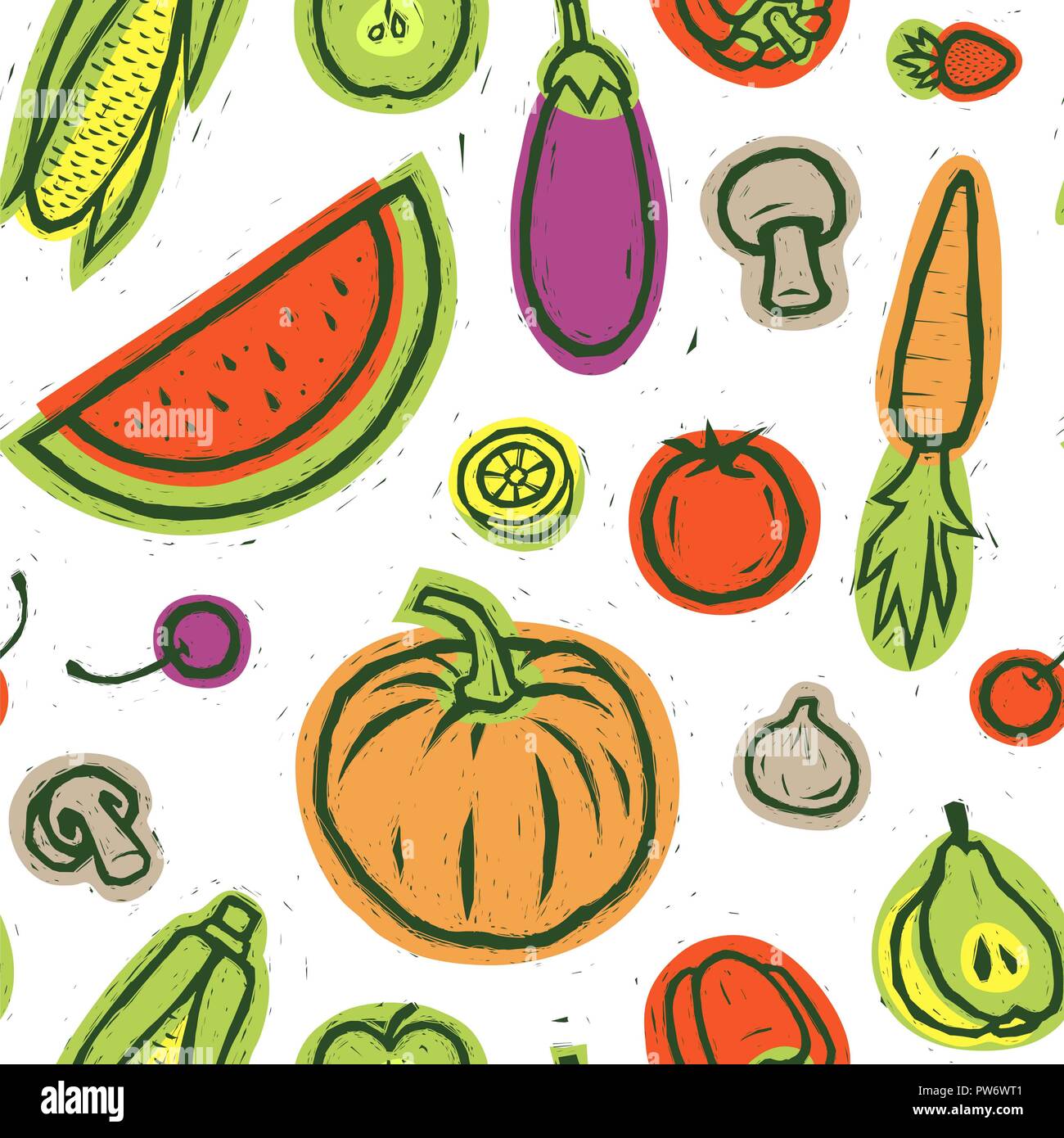Colorful vegetables and fruits vector illustration. Food print. Hand-drawn vector wallpaper with fruits and vegetables. Stock Photo