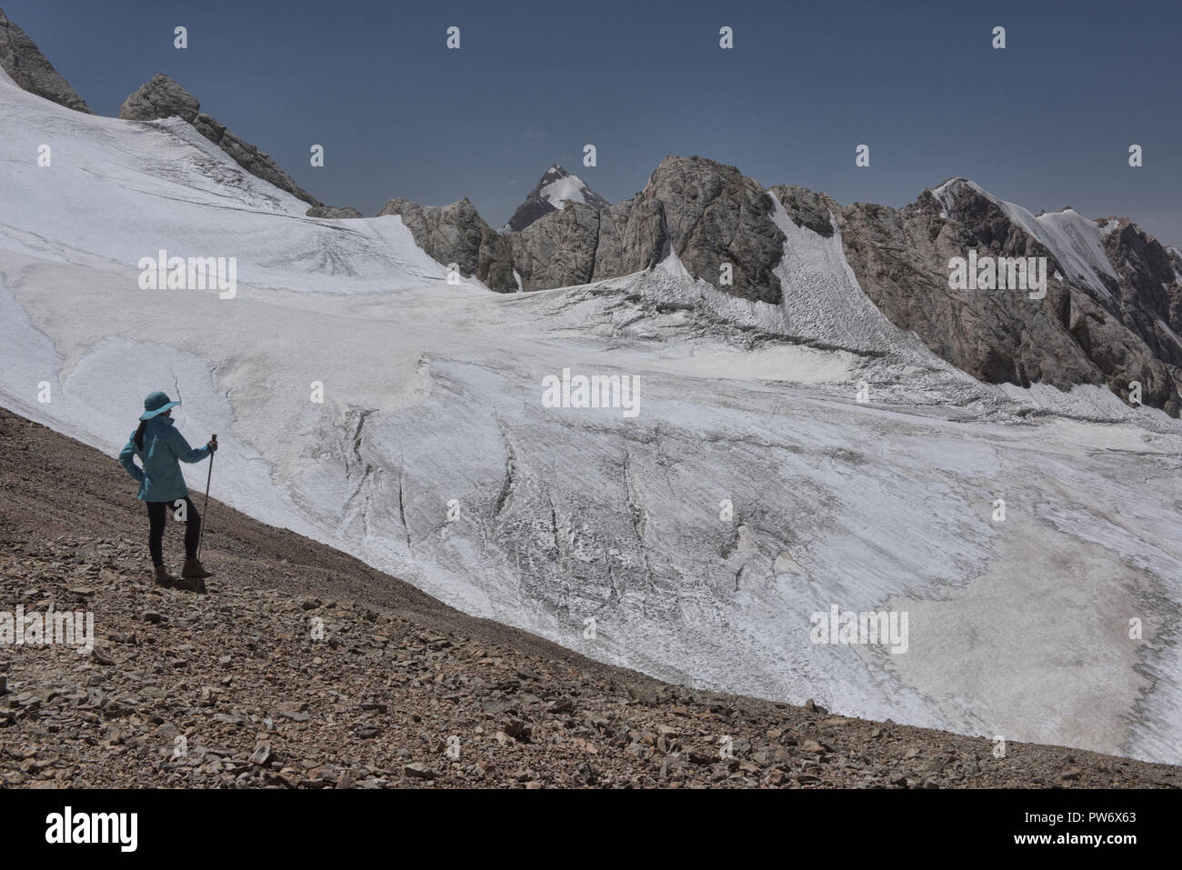On top of the world, Chimtarga Pass, Fann Mountains, Tajikistan. Stock Photo