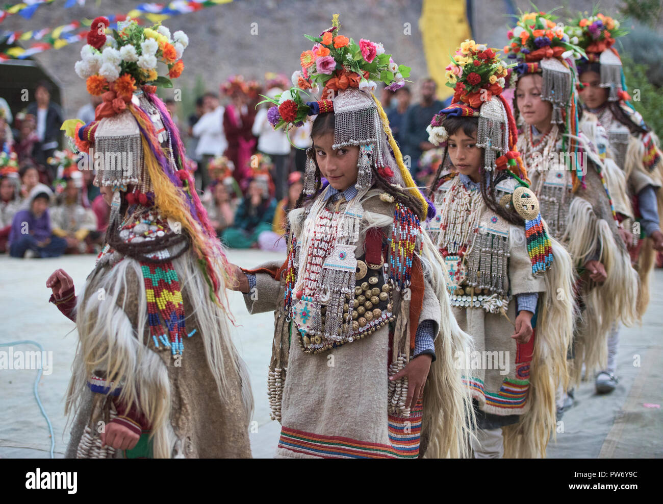 Aryan (Brogpa) women dancing at a traditional festival, Biama village ...