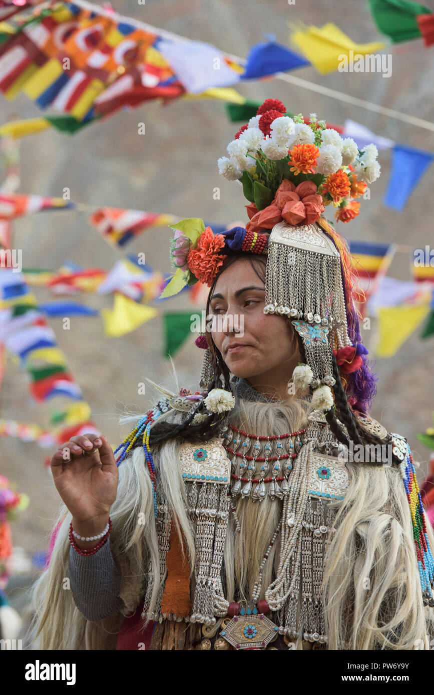Aryan (Brogpa) woman dancing at a traditional festival, Biama village ...