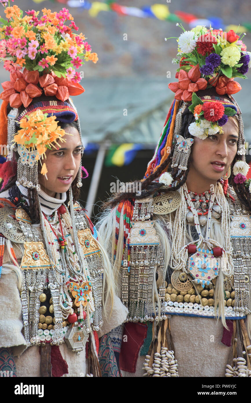 Aryan (Brogpa) women in traditional costume, Biama village, Ladakh ...
