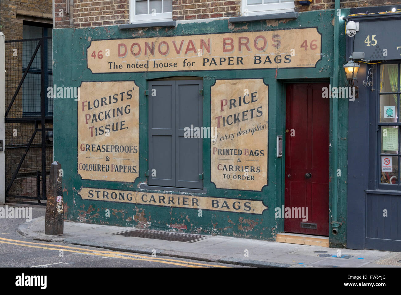 Donovan Bros paper bags shop, Crispin Street in the Old Spitalfields Market in London, England, UK Stock Photo