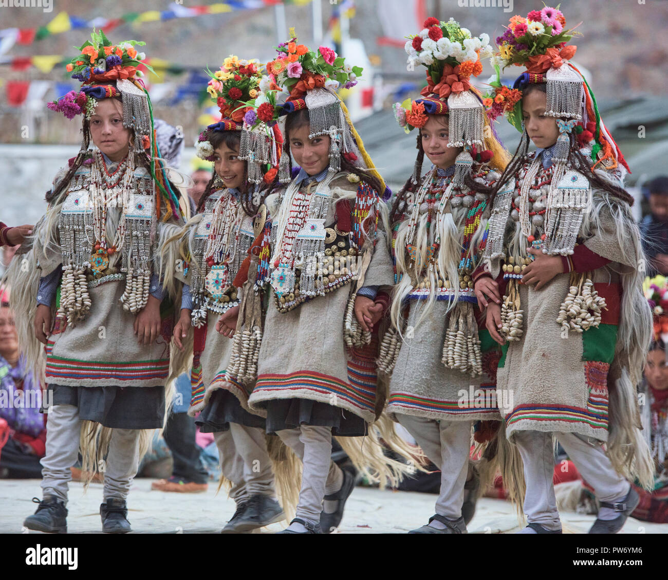 Aryan (Brogpa) girls dancing at a traditional festival, Biama village ...