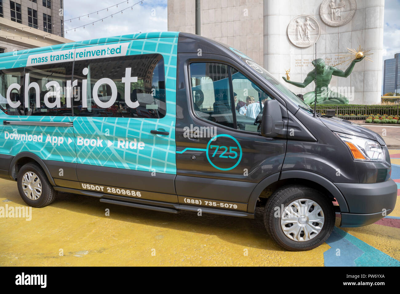 Detroit, Michigan - A van from the Chariot commuter shuttle service on display at the Detroit Moves Mobility Festival. Chariot is owned by Ford Motor  Stock Photo