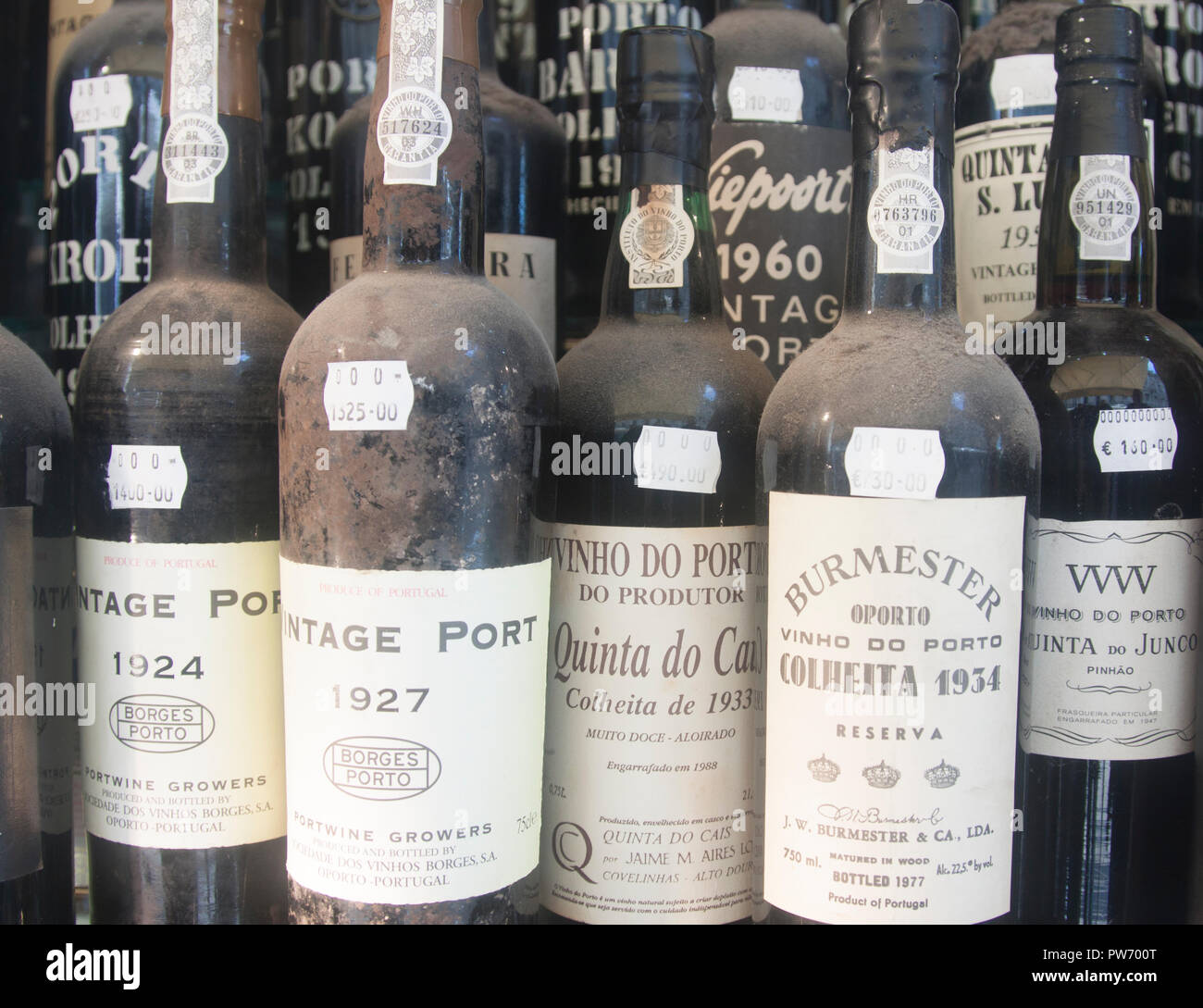 Bottles of vintage port for sale in a shop window in Lisbon, Portugal Stock Photo