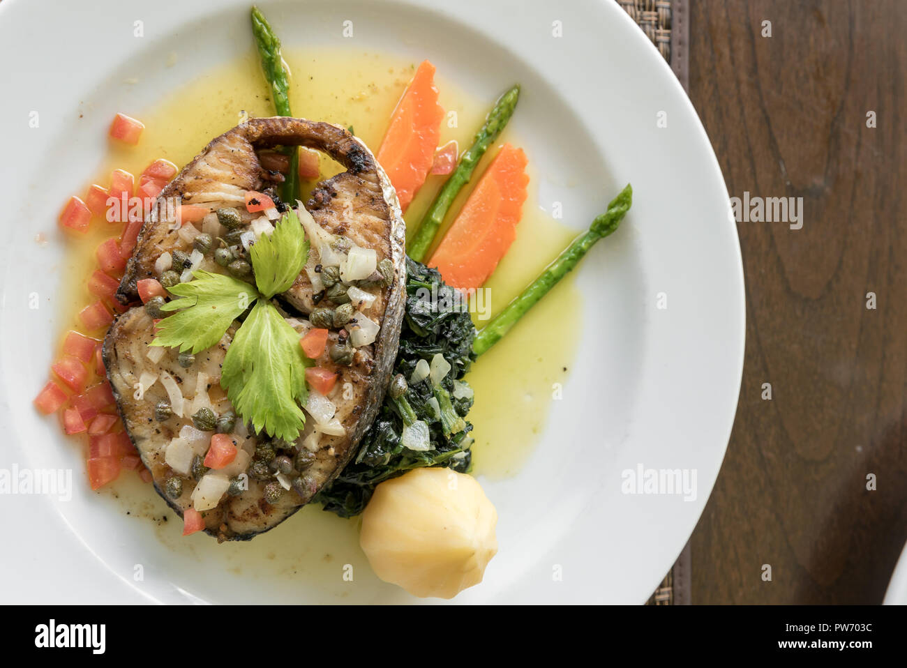 Fried mackerel Steak with potato Stock Photo - Alamy