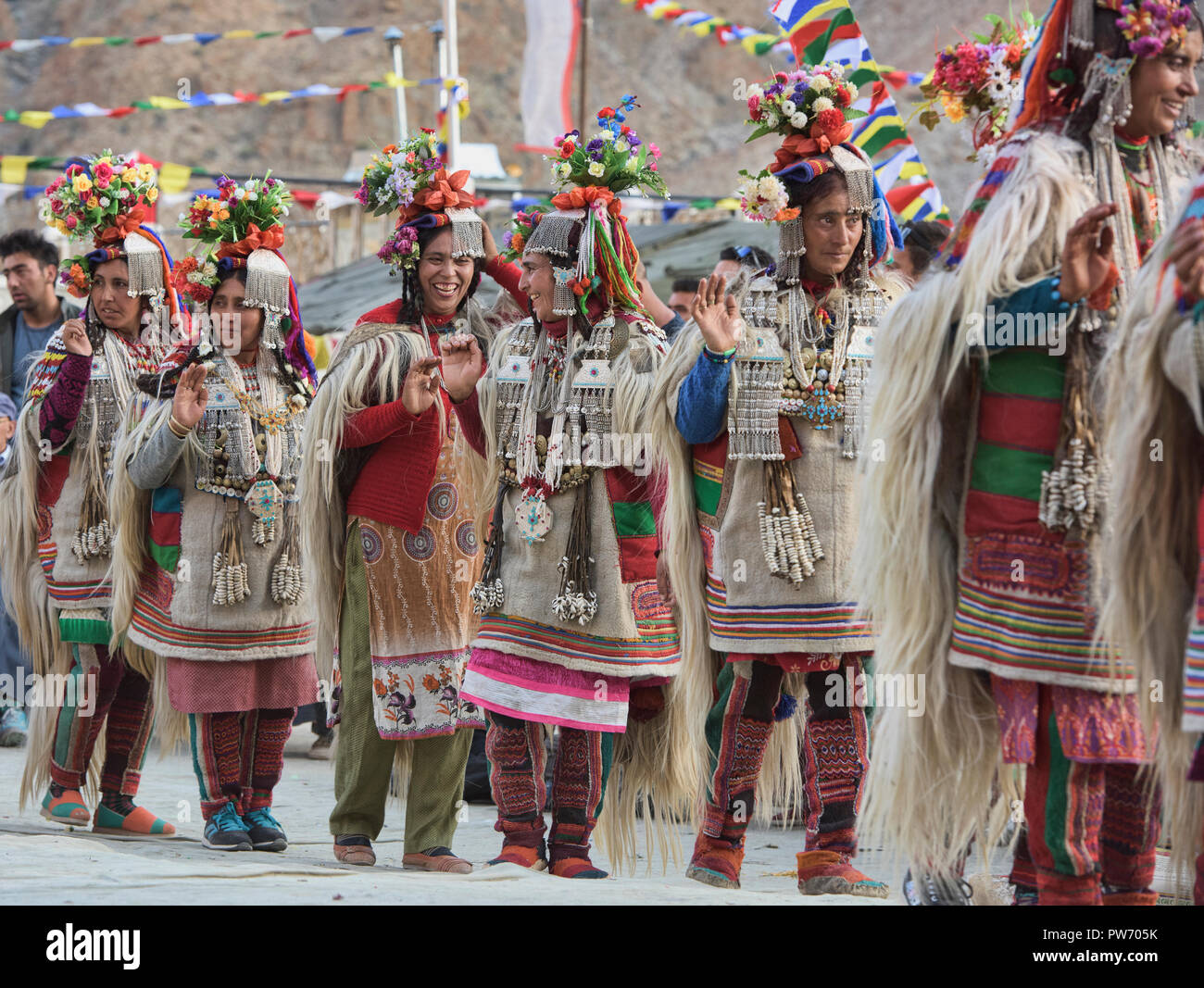 Aryan (Brogpa) women dancing at a traditional festival, Biama village ...