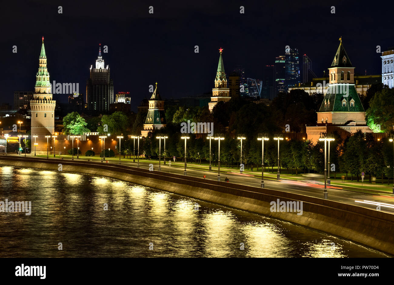 Night scene with Kremlin and Skyscrapers in Moscow, Russia Stock Photo