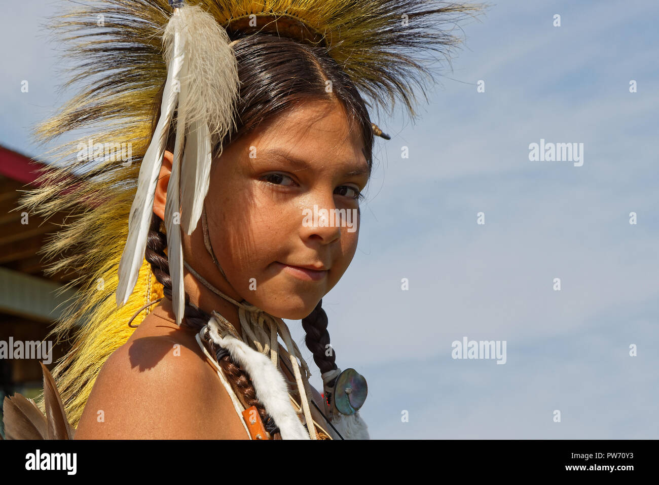 BISMARK, NORTH DAKOTA, September 8, 2018 : Portrait of a young Sioux at 49th annual United Tribes Pow Wow, one large outdoor event that gathers more t Stock Photo